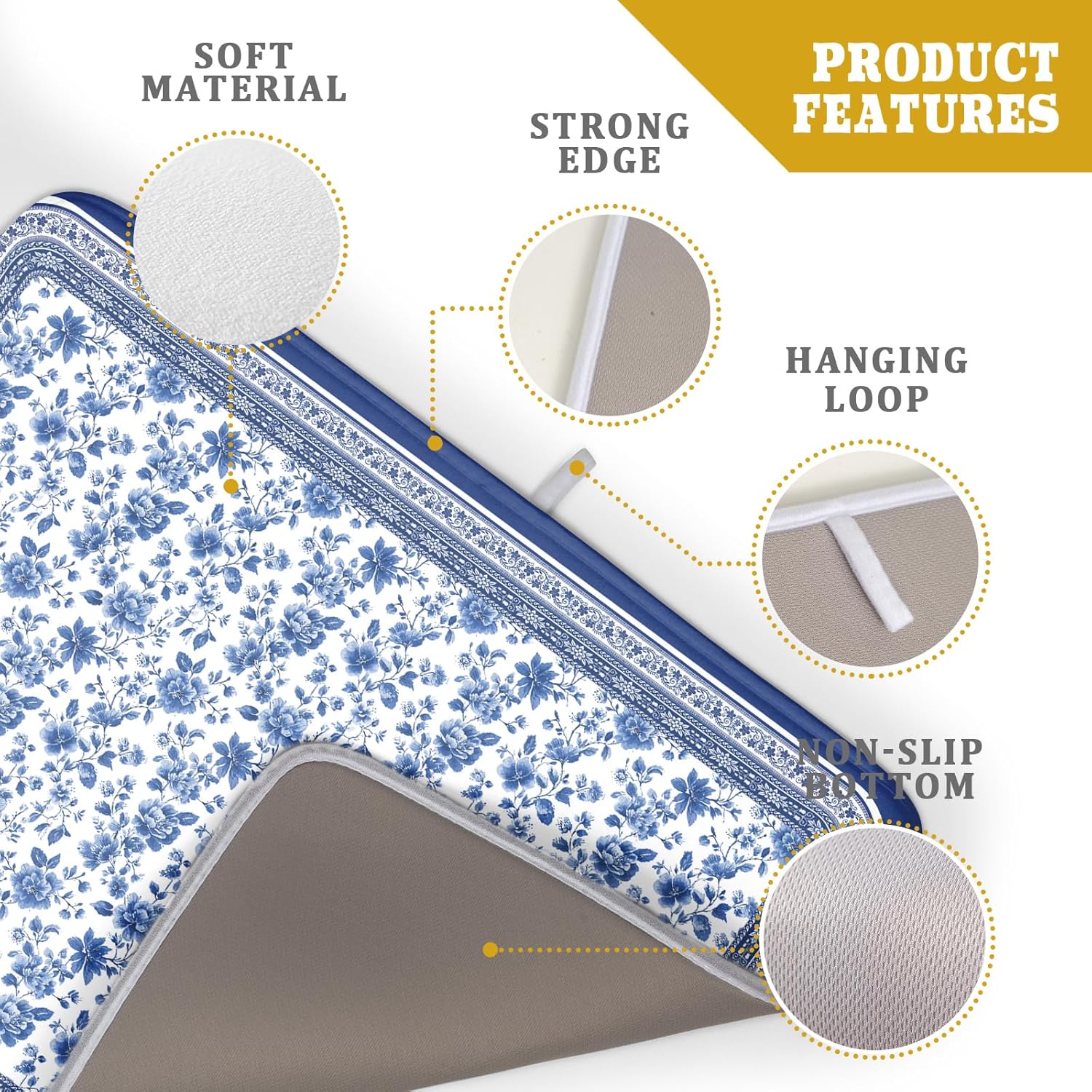 Blue Floral Branches Dish Drying Mat for Kitchen Counter Chinoiserie Pattern Dish Drying Pad 16”x18”Absorbent Vintage Flowers Decor Dishes Drainer Pad Dish Dry Rack Mat for Counter Coffee Bar