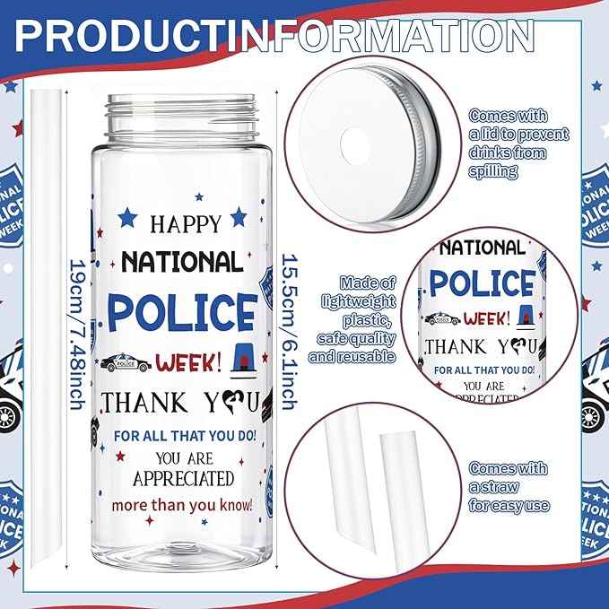 Vesici 24 Pcs National Police Week Appreciation Gift 14.2oz Thank You Gifts Lid and Straw Plastic Reusable Tumbler Bulk Inspirational Gifts Cold Drinking Cup for Police Week Party Favors