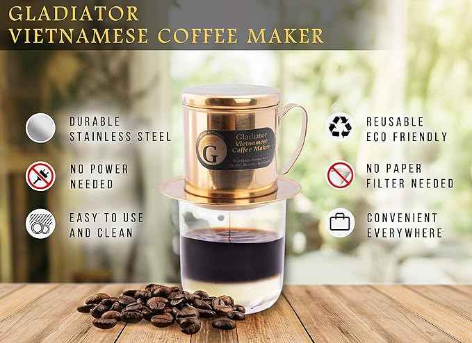 Vietnamese Coffee Maker Filter Phin, Small French Press Portable Cup, Single Serve Coffee Makers, Gift for coffee lovers (Gold, 1)