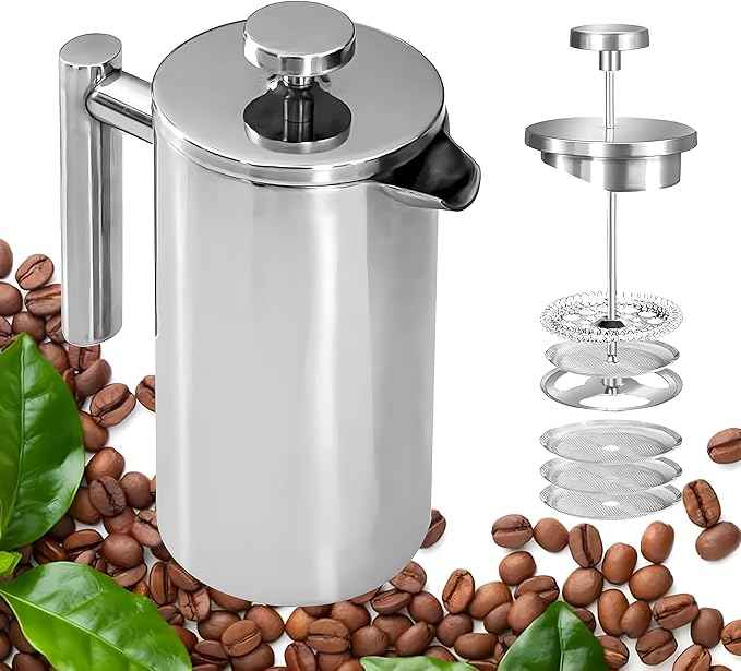 Small French Press Coffee Maker 1 Cup - 12oz/350ml Single Cup Metal French Press(1 Cup), Stainless Steel Double Wall Insulated Coffee & Tea Maker w/ 3 Extra Screens + 1 Spoon (Silver), Dishwasher Safe