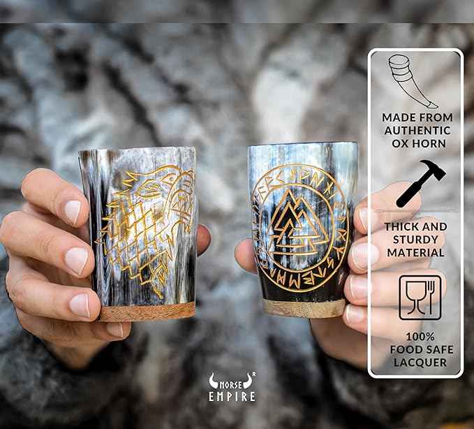 Viking Horn Shot Mugs Set of 6,100% Authentic, Unique, Handmade Natural Ox Horn Shot Glasses| 3oz Cool Unique Tumbler, Beer Gift for Men and Women, Goblet| Mediaeval Stein for Ale, Mead, Whisky…