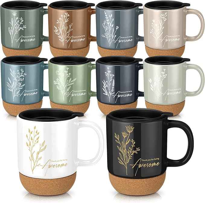 10 Pcs Employee Appreciation Gift Bulk Non-slip Cork Bottom Coffee Mug 13.5 oz Ceramic Tumbler Inspirational Mug Thank You Gifts for Social Worker Teacher Volunteer Nurse Staff(Awesome)