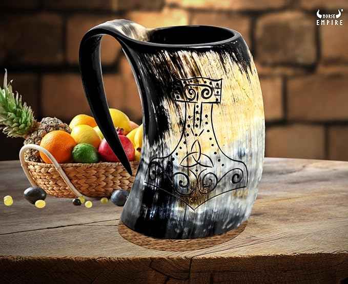 Viking Drinking Horn Mjolnir Engraving Mug,16-20oz | The Ultimate Vikings Ox horn Mug for Cold Drinks - 100% food safe comes with gift bag (Worthy Mjolnir - Polished)
