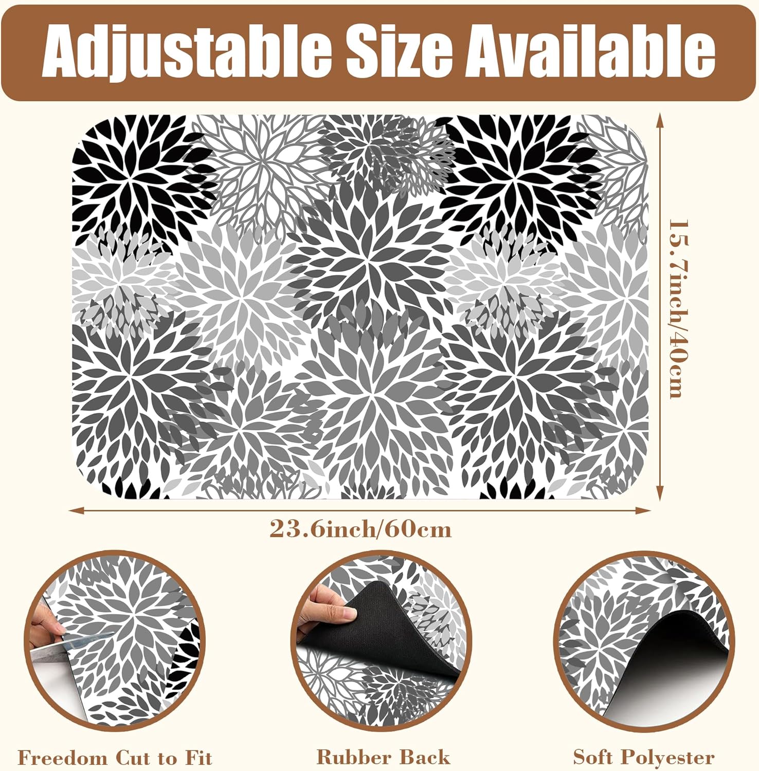 Dish Drying Mat Black and White Chrysanthemum Flower Coffee Bar Absorbent Rubber Backed Hide Stain Dish Drainer Rack Coffee Maker Pot Dining Room Decoration 15.7 x 23.6 Inch