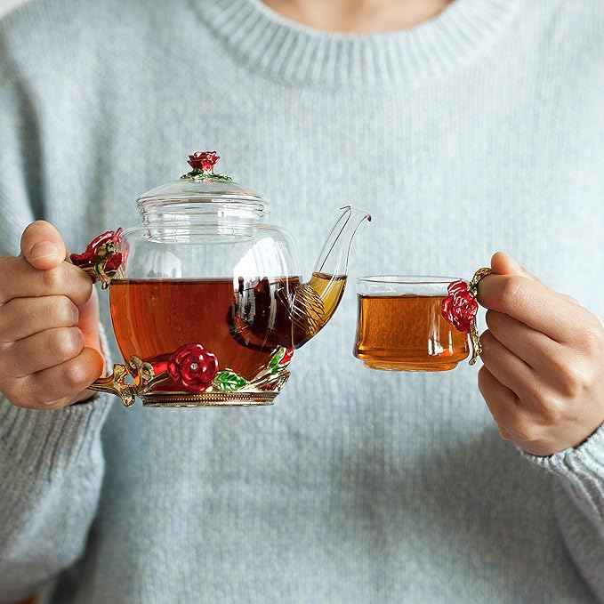 BTaT- Floral Glass Tea Set for Adults, Service for 2, Fancy Glass Pot (8 oz) & Cups (2 oz), Red Butterfly & Flower Design with Gift Box, Tea Pot Sets for Women Gift
