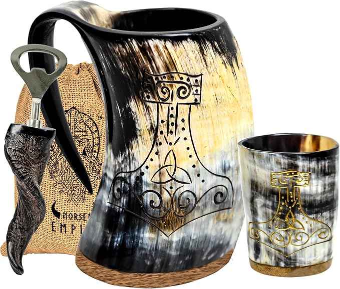 Viking OX Horn Mug,16–20oz (Worthy Mjolnir) Ox Horn Cup & Coffee Stein | Stylish & Handmade Present for Men and Women, Home Accessories | Shot Glasses for Mead, Ale, Whisky and Beer Cup…