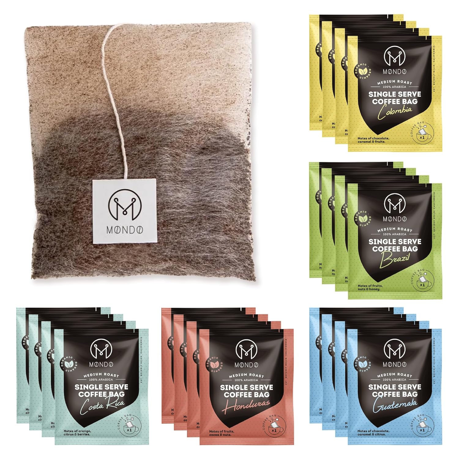 Mondo Single Serve Coffee Bags (20 Cups) Variety Pack - Organic, Medium Roast - Disposable, Portable Coffee Filters for Camping and Travel, Sampler Box of 5 Ground Coffee Flavors