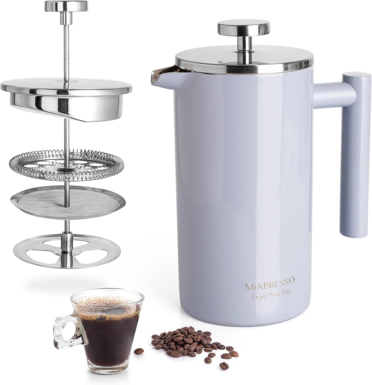 Mixpresso Light Blue Stainless Steel French Press Coffee Maker 26 Oz 770 ml, Double Wall Insulated French Press Stainless Steel, Easy Clean Tea Brewer, Easy Press Durable Metal Coffee Press - Blissbrew