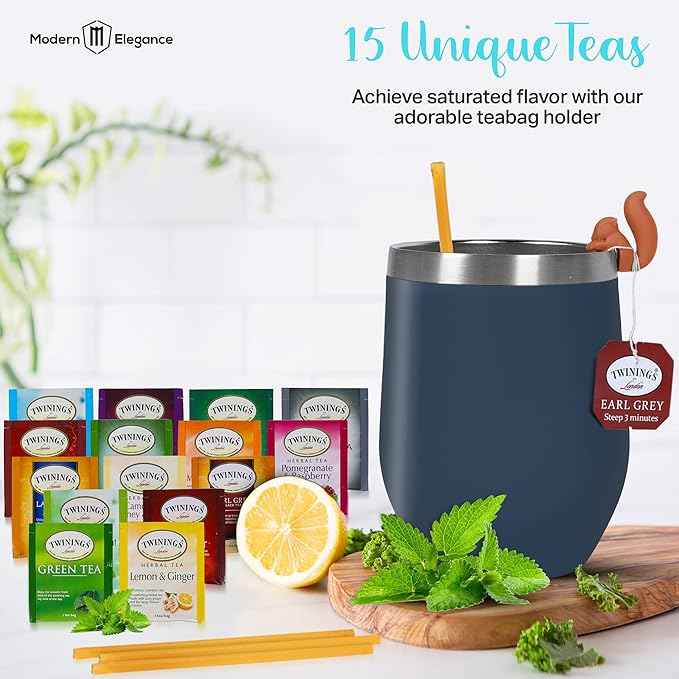 Tea Gifts for Women – Sampler Gift Basket with 15 Unique Blends, Honey Sticks, Stainless Tumbler & Gift-Ready Box (Blue/Blue box)