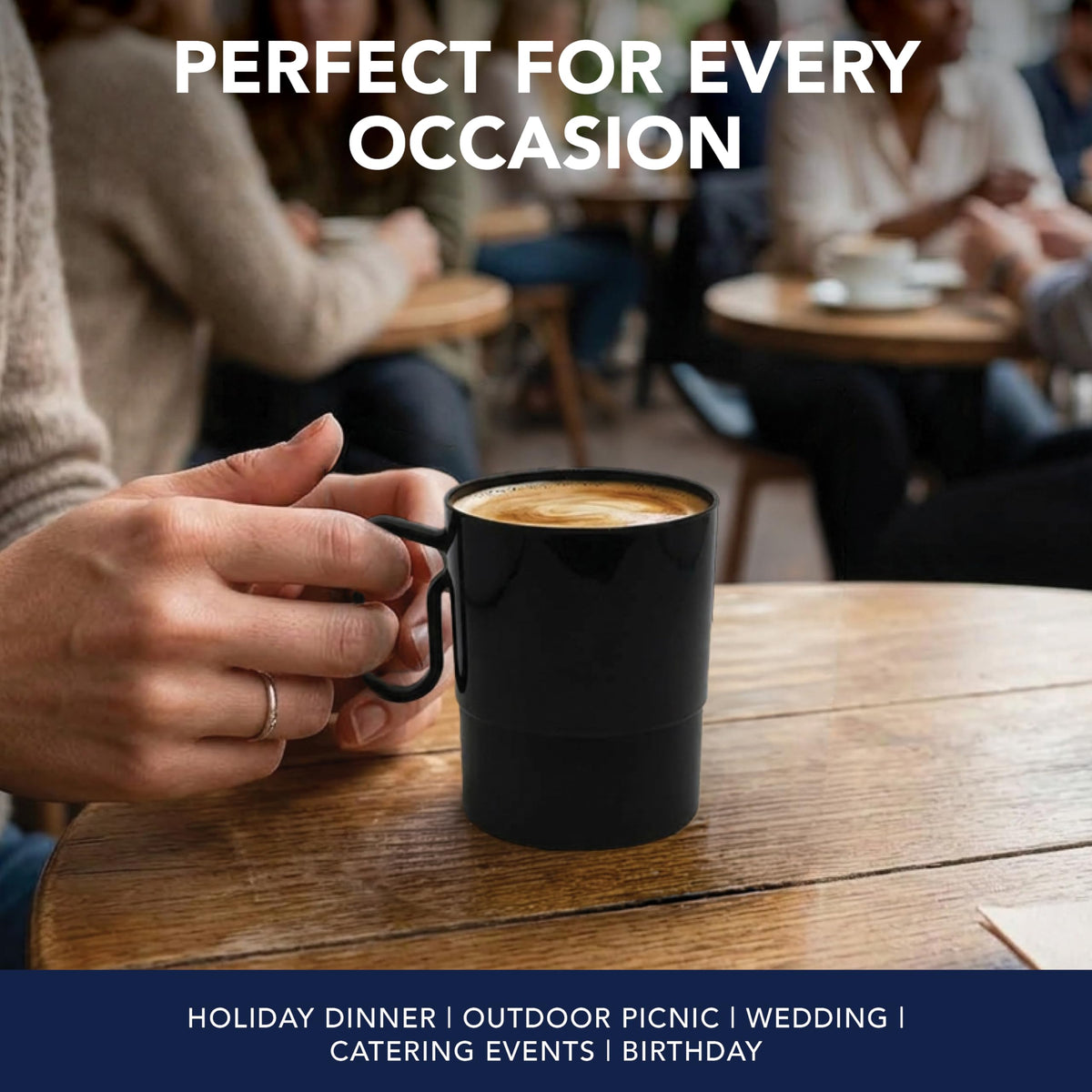 Black plastic coffee cups for catering and events