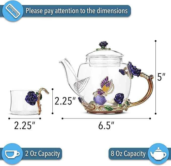 BTaT- Floral Glass Tea Set for Adults, Service for 2, Fancy Glass Pot(8 oz) & Cups(2 oz), Blue Butterfly & Flower Design with Gift Box, Tea Pot Sets for Women Gift, Chrisrmas Gifts