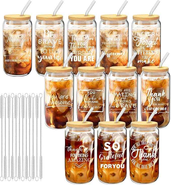 12 Set Thank You Gifts Employee Appreciation Gifts Bulk, 16 oz Glass Cups with Lids Straws Brushes and Gift Cards for Staff Coworker Friends Teacher Nurse