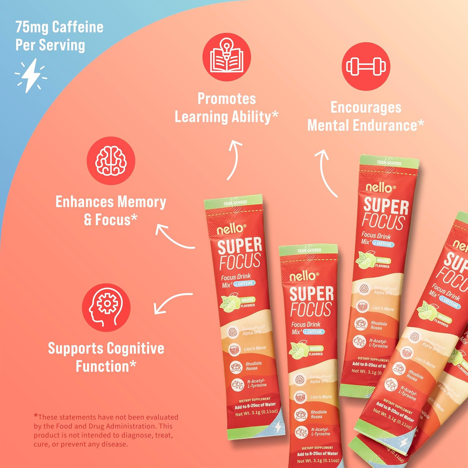 SuperFocus Mojito with Caffeine– Nootropic Focus Drink Mix, 20 On-The-Go Packets, Alpha GPC, Lion’s Mane, Rhodiola, Sugar-Free