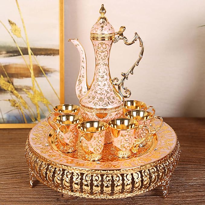 Turkish Coffee Cup and Tea Pot Set Including Teapot,Tea Tray,6 Metal Cups,Tea Service Set for Tea Table Decor,Hip Flask (White and Gold)