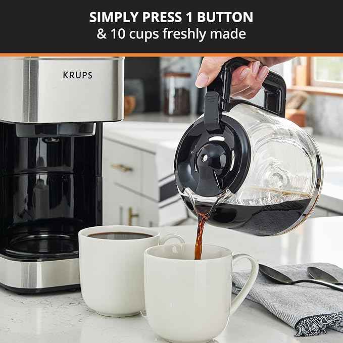 KRUPS Coffee Maker 10 Cups Simply Brew Stainless Steel Drip Coffee Maker,900 Watts-Coffee Filter,Drip Free,Dishwasher Safe Pot,Black & Silver,(Pack of 2)