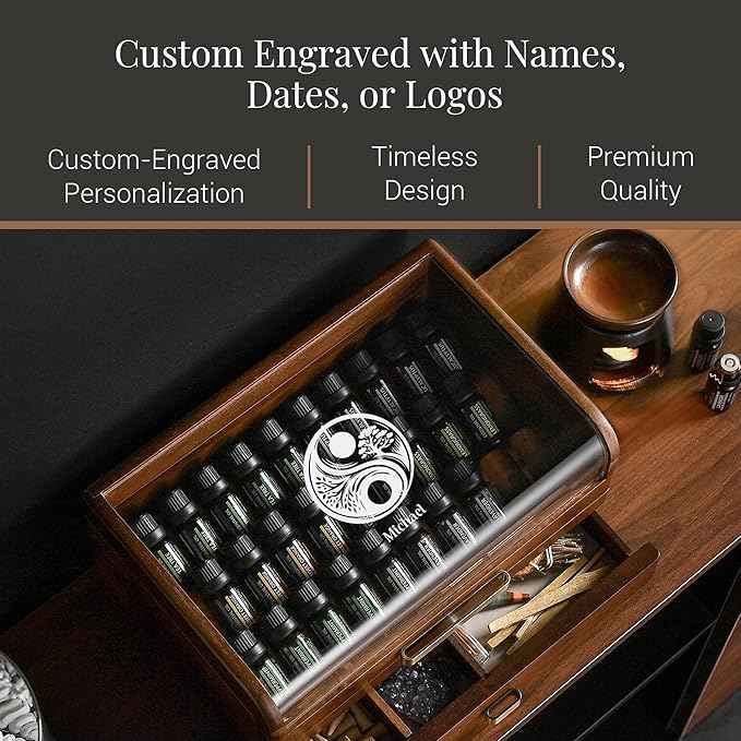 Shanik Acacia Wood Essential Oil Storage Box with Drawer & Clear Lid – Engraved Aromatherapy Organizer, 29 Bottle Display Case, Personalized Wooden Essential Oil Holder Gift for Women & Men