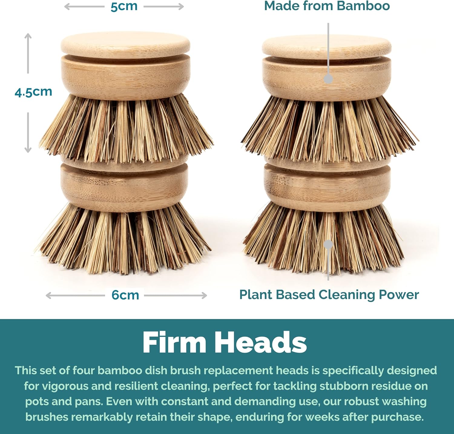 Jungle Culture Firm Bristle Replacement Brush Heads for Eco Dish Brushes • Wooden Kitchen Washing Up Brush Heads Pack of 4 • Interchangeable Bristle Refills • Dish Scrubbers • Zero Waste Cleaning