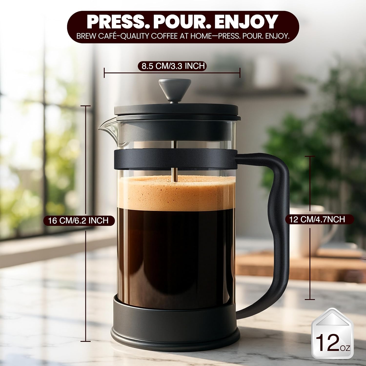 Utopia Kitchen 12 Ounce 0.35 Liter French Press Coffee Maker, Tea Maker, Travel Coffee Presses, Heat Resistant Thickened Borosilicate Coffee Pot for Camping Travel Gifts, Black Pack of 1 - Blissbrew