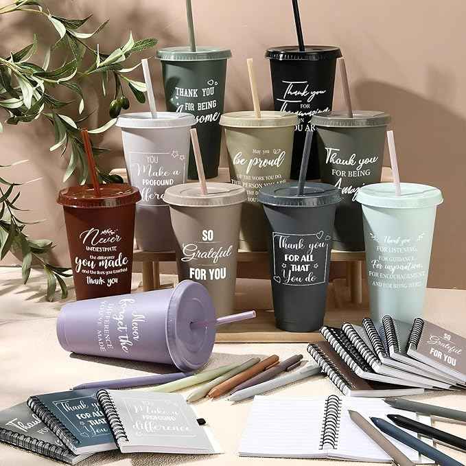 Shellwei 60 Pcs Employee Appreciation Gifts Bulk 24 oz Thank You Tumbler with Lid and Straw Mini Spiral Notebooks and Pens Appreciation Gifts for Team Employee Coworkers Teacher (Amazing)