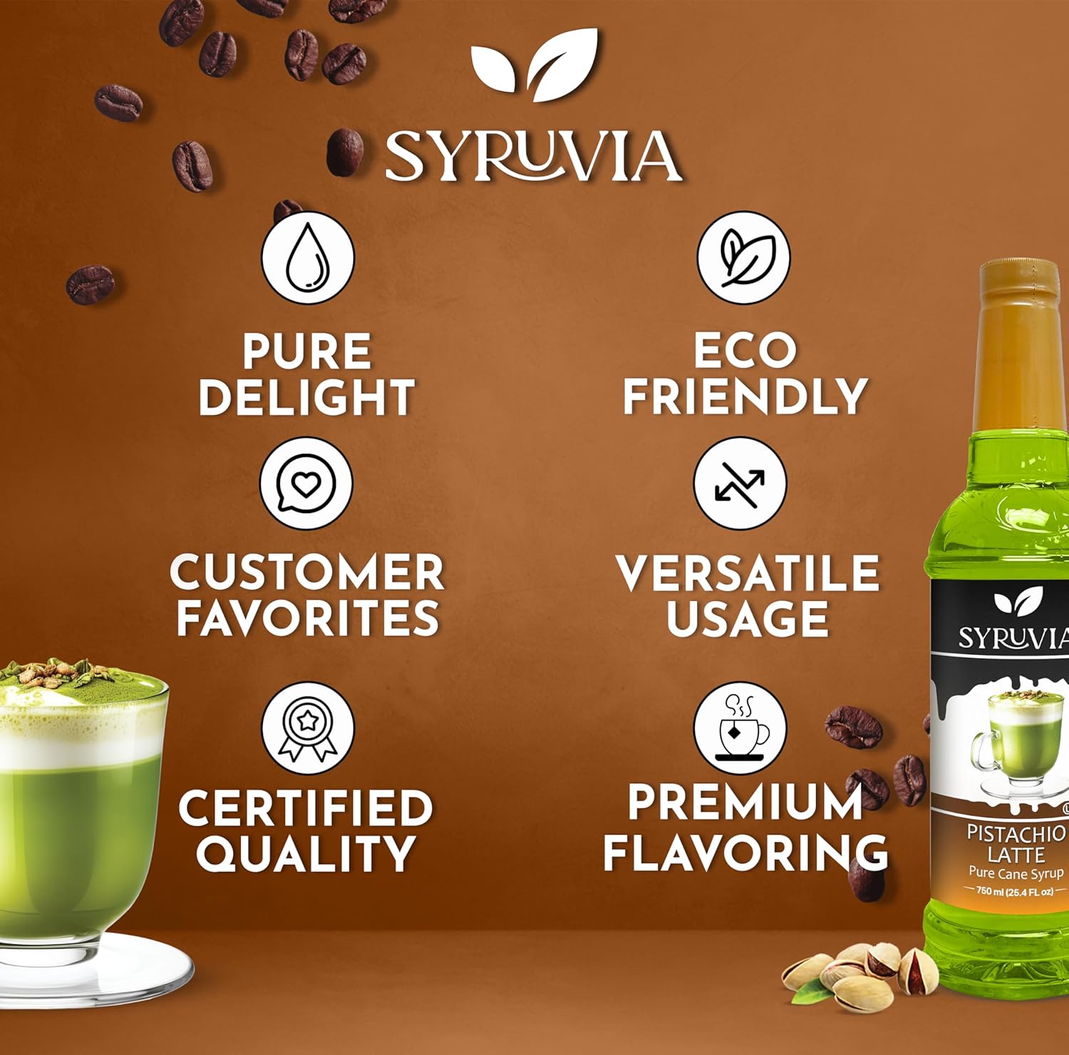 Syruvia Pistachio Latte Syrup for Coffee 25.4 fl oz - Kosher, Gluten-Free, Ideal for Elevating Your Culinary and Beverage Adventures