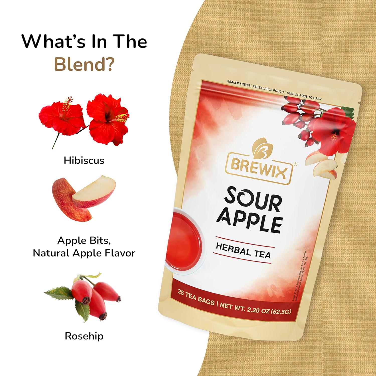 BREWIX, Sour Apple Hibiscus Tea Bags (25 Pyramid Tea Bags) Caffeine-Free Herbal Tea | Apple, Hibiscus, Rosehip | Refreshing Wellness Brew for Any Mood | Hot or Iced Refreshment