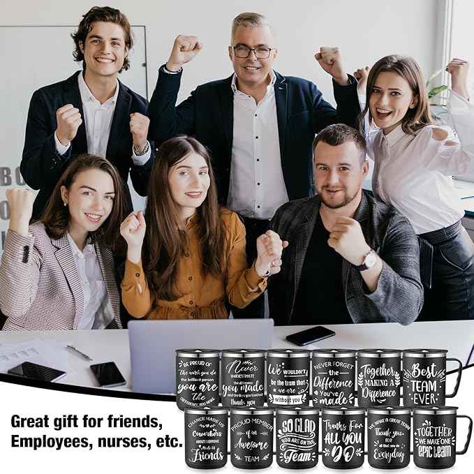 Lallisa 12 Pcs Employee Appreciation Gifts Bulk 17 oz Travel Coffee Mug with Lid Handle for Women Thank You Gifts Stainless Steel Tumblers Insulated Mug for Coworker Teacher (Black)