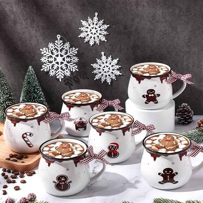 Jinei Set of 6 Christmas Coffee Mugs Gift, 12 oz Hot Cocoa Ceramic Cup for Holiday Milk Tea Mugs Coffee Bar Decoration Christmas Gift for Mom Woman Family Friend(Ginger,Gingerbread)