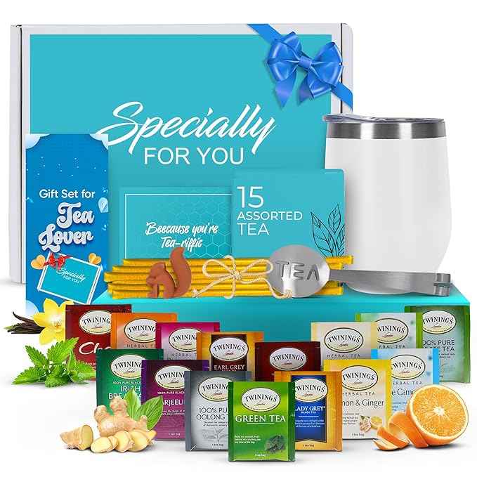 Tea Gifts for Women – Sampler Gift Basket with 15 Unique Blends, Honey Sticks, Stainless Tumbler & Gift-Ready Box (White)
