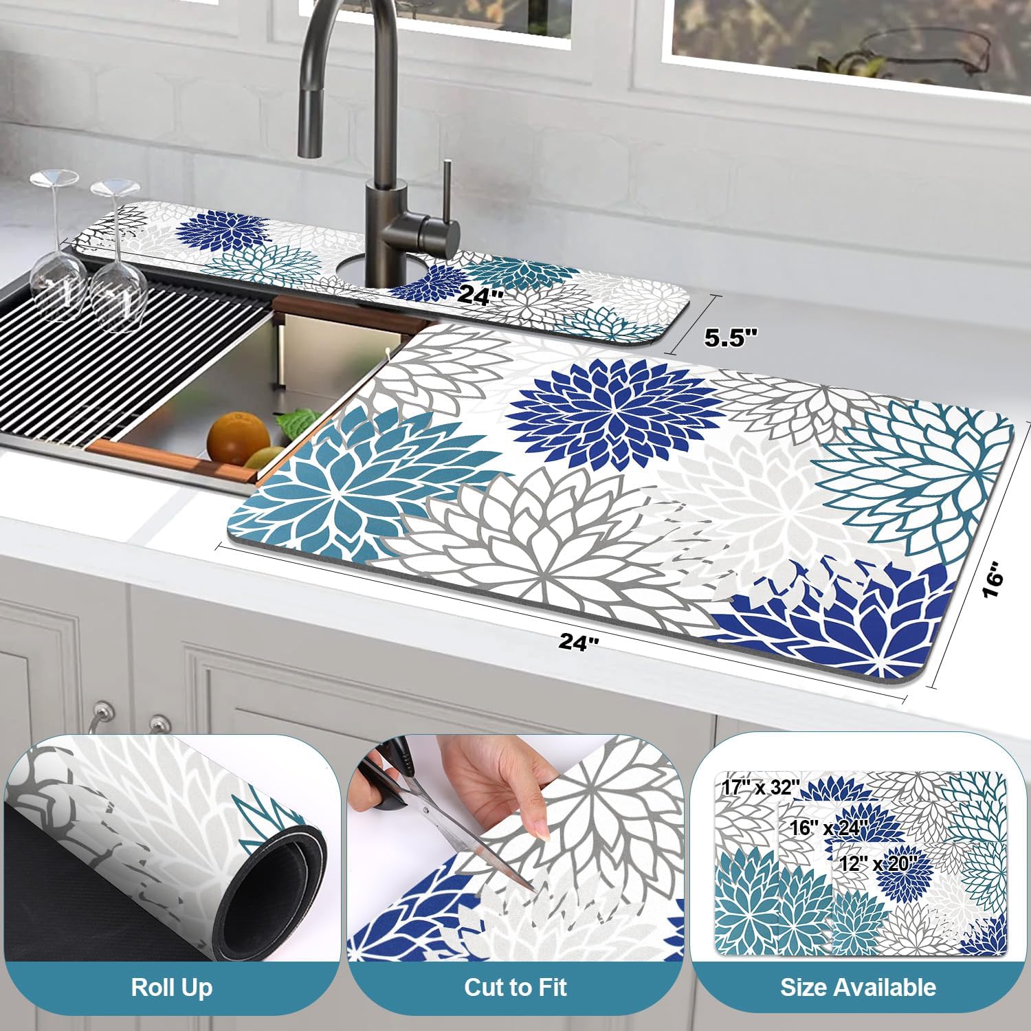Findosom 2PCS 16" x 24" Dish Drying Mat & 24" x 5.5" Sink Splash Guard, Super Absorbent & Cuttable Dish Mat Drying Kitchen Mat with Blue Floral, Hide Stain Drying Mat for Kitchen Counter