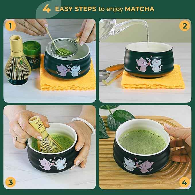 Matcha Gift Set 6 Pcs – Ceramic Bowl, Bamboo Whisk, Whisk Holder, Scoop, Sifter & Cloth – Traditional Japanese Set for Green Tea by Aprika Matcha (Black with Cats)