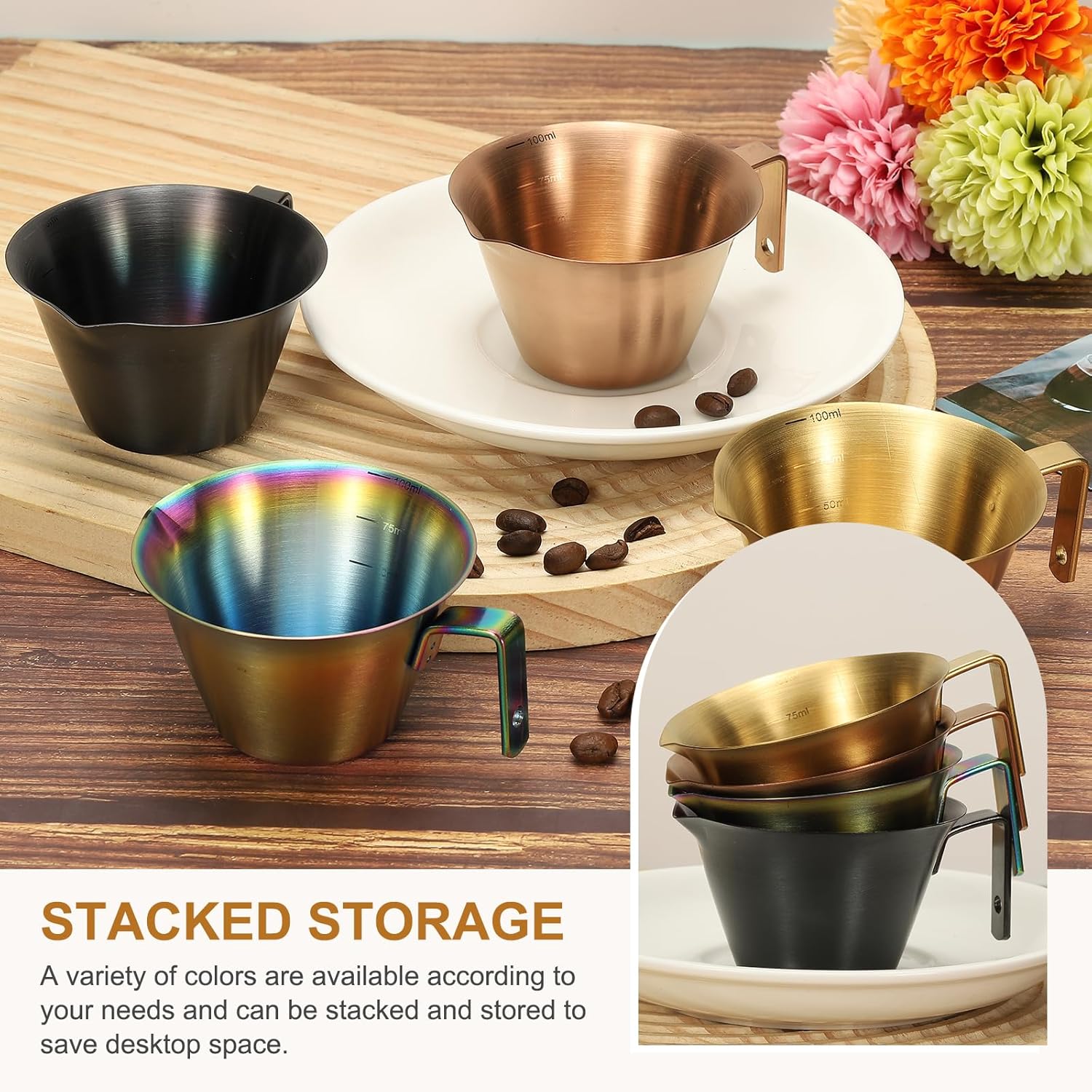 uxcell 2 Pcs Stainless Steel Espresso Cup with Handle, V-Shaped Mouth Espresso Measuring Cup with Scale for Preparing Coffee, Cocktails, 3.4OZ/100ML (Gold)