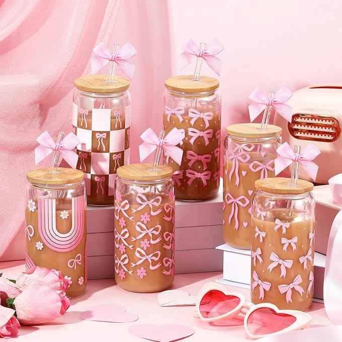 12 Sets Pink Bow Valentine's Day Glass Cups Gifts Bulk 16 oz Iced Coffee Cups with Lids and Straws Cute Glass Tumbler Girly Galentine's Day Gifts for Women Coworker Party Favor(Pink Bow)