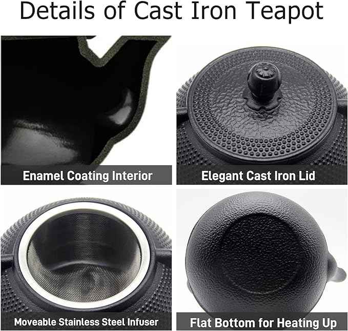 20.3oz Small Cast Iron Teapot Set with Warmer, Japanese Black Tea Kettle for Stovetop Safe, Teapot and Cups Set, Tea Pot with Stainless Steel Infuser for Loose Tea(600ml)