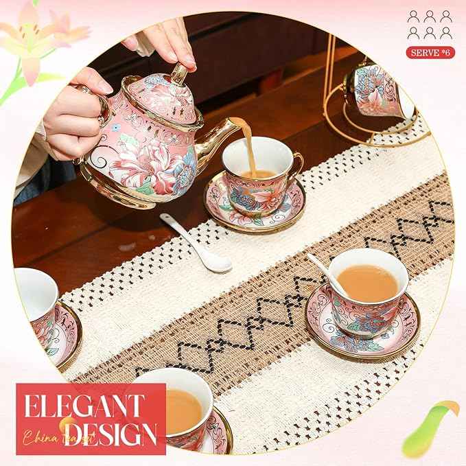 20 Pcs Porcelain Tea Set for Adults with Metal Holder and Spoon European Ceramic Tea Party Set Flower Painting Teapot Cup Saucer for Christmas Women Gifts, Serving 6 People(Fresh)