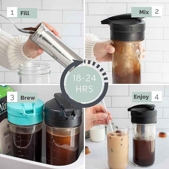 Masontops Cold Brew Makers Kit - Deluxe Iced Coffee Maker with Glass Pitcher & Stainless Steel Mesh Filter - Easy Pour Fridge Cold Brewer System