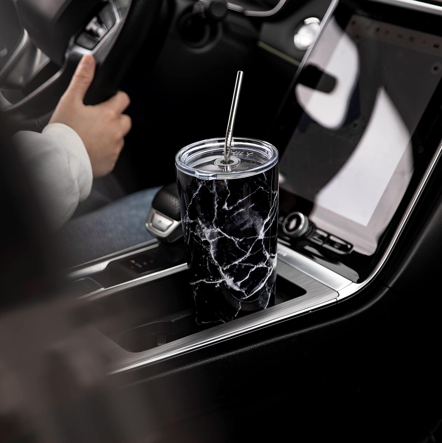 THILY Stainless Steel Vacuum Insulated Tumbler Travel Mug 26 oz Coffee Cup with 2 Lids and Straws, Splash Proof, Keep Ice Drinks Cold, Black Marble
