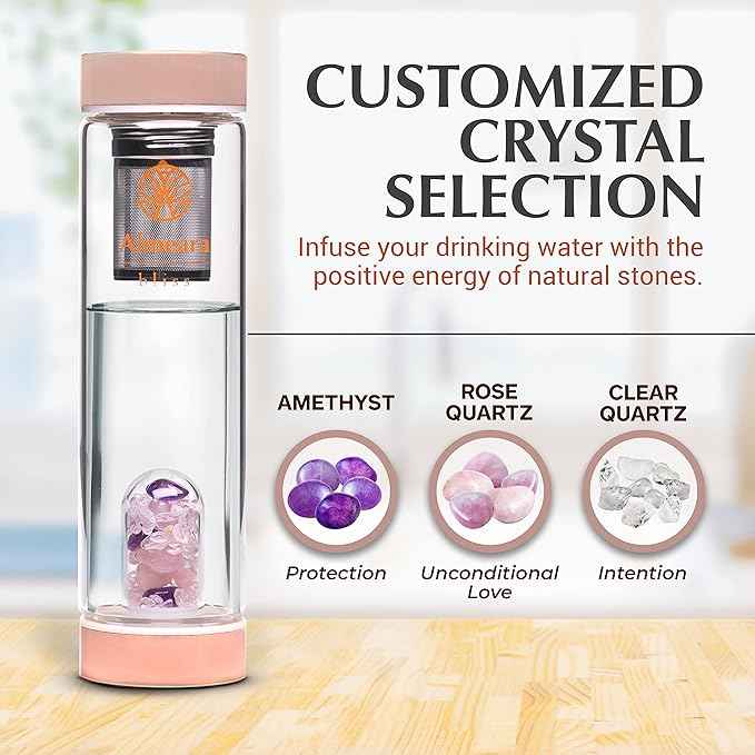 Almeara Crystal Water Bottle | Amethyst, Rose Quartz & Clear Quartz Crystals | Authentic Gemstones – Loose Leaf Tea infuser – Gem Elixir Infused Tempered Glass Water Bottle - Gift ready box - 16.9 oz