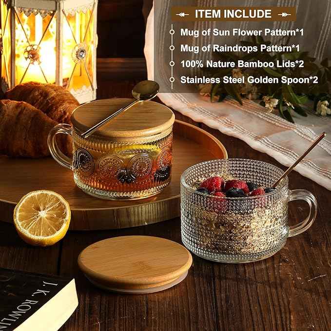 Vintage Coffee Mugs, Overnight Oats Containers with Bamboo Lids and Spoons - 14oz Clear Embossed Glass Cups, Cute Coffee Bar Accessories, Iced Coffee Glasses, Ideal for Cappuccino, Latte, 2 Pack