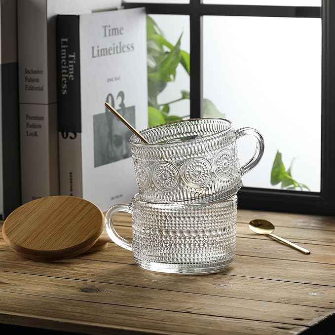 LANDNEOO 12pcs Set Irish Coffee Glasses, Vintage Coffee Mugs, Overnight Oats Containers with Bamboo Lids and Spoons - 14oz Clear Embossed Glass Cups, Cute Coffee Bar Accessories, Iced Coffee Glasses