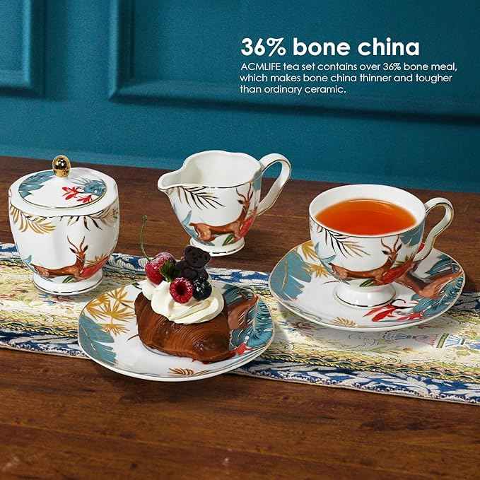 ACMLIFE Tea Cups and Saucers for 1, Bone China Teacup Set for Adults with Gold Trim and Gift Box, Deer Chinese English British Wedding Tea Set for One Coffee Cup Set 6.8 oz (Red-Deer)