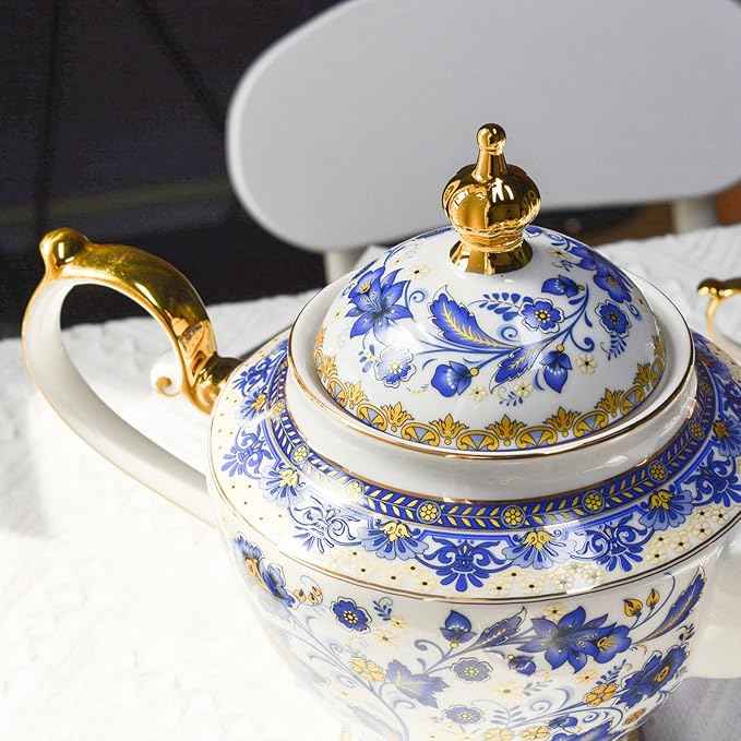 ACMLIFE Bone China Tea Set for Adults, Blue and White Tea Set for 4, Porcelain Vintage Floral China Tea Sets for Women Gift with Teapot (Blue and White)