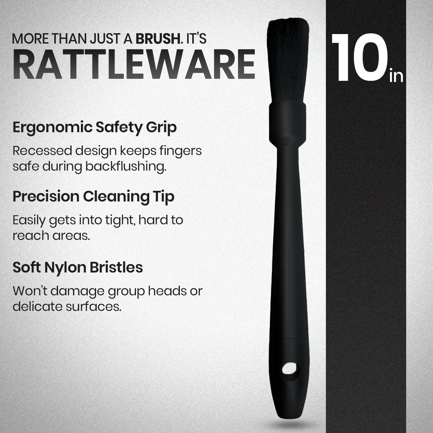 Rattleware 10" Black Espresso Machine Grinder Brush, Long Durable Handle Coffee Grinder Cleaning Brush - Ideal for Home, Cafe, Restaurant, or Hotel - Trusted By Baristas