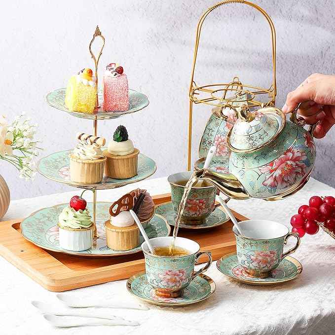 Maxcheck 21 Pcs Porcelain Tea Set for Women Tea Party with Metal Holder and 3 Tier Cake Stand Ceramic European Floral Teapot Set for Adults Mother's Day Christmas Thoughtful Gift(Fresh Style)
