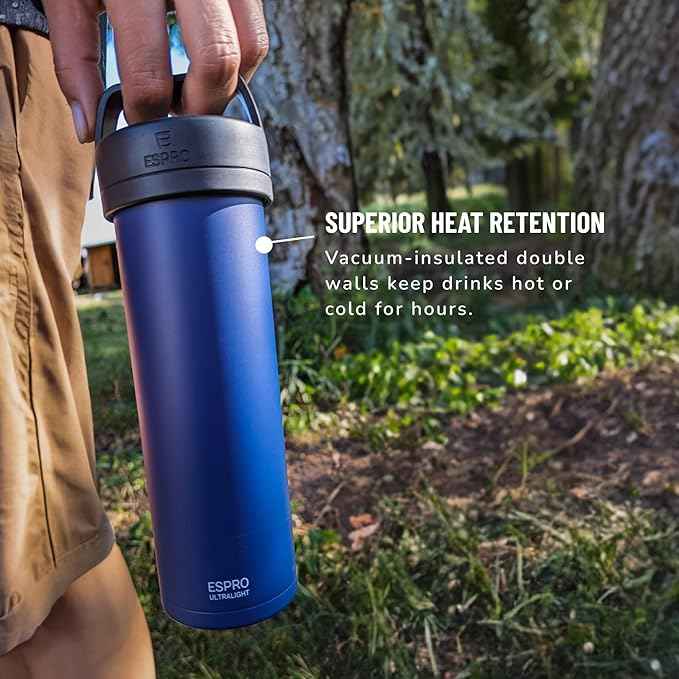ESPRO P0 Ultralight French Press Coffee Maker for Travel, Vacuum Insulated Stainless Steel, 16 Ounces, Blue