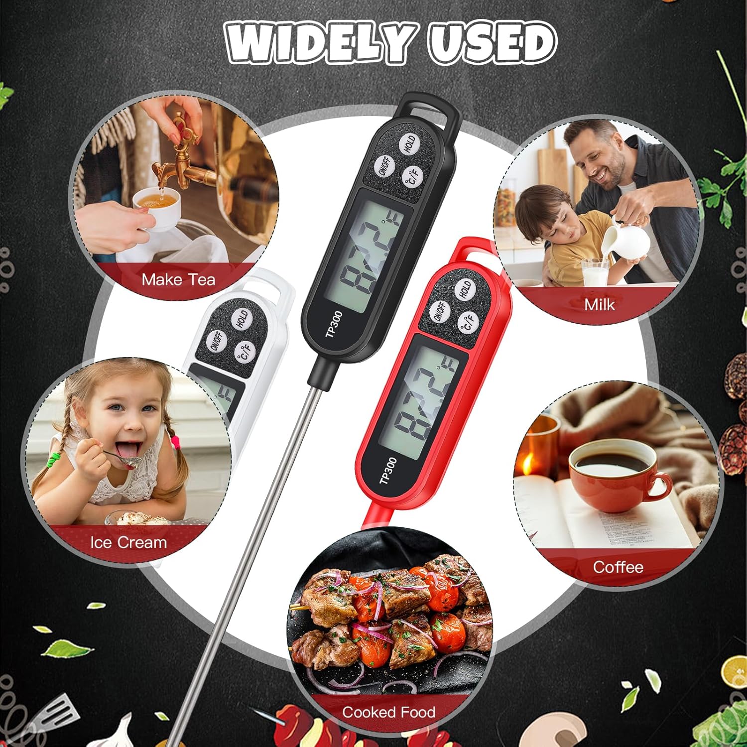 Waterproof Food Thermometer with Long Probe Digital Meat Thermometer for Water, Liquid, Candle and Cooking Instant Read for Kitchen BBQ Grill Candy(Black,White,Red)