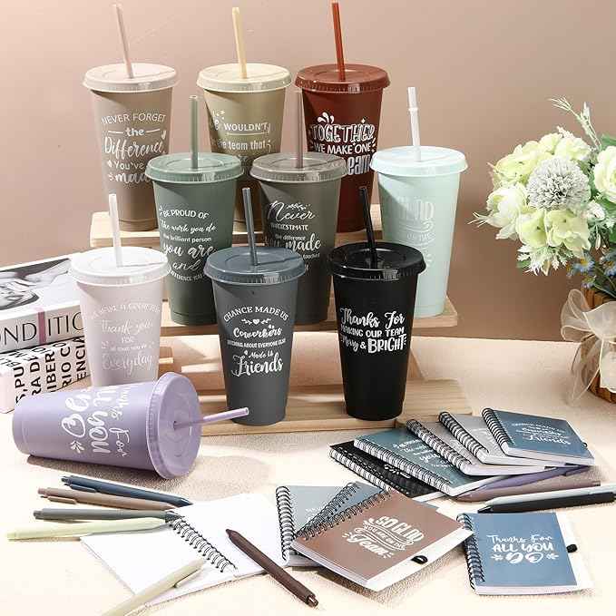 Shellwei 90 Pcs Employee Appreciation Gifts Bulk 24 oz Thank You Tumbler with Lid and Straw Mini Spiral Notebooks and Pens Appreciation Gifts for Team Employee Coworkers Teacher (Bright)
