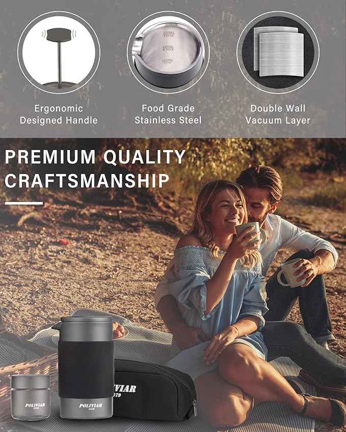 POLIVIAR French Press Coffee Maker, 12 oz Portable French Press with Mini Canister and Collection Bag, Double Wall Insulation & Dual- Filter Screen, Food Grade Stainless Steel for Coffee