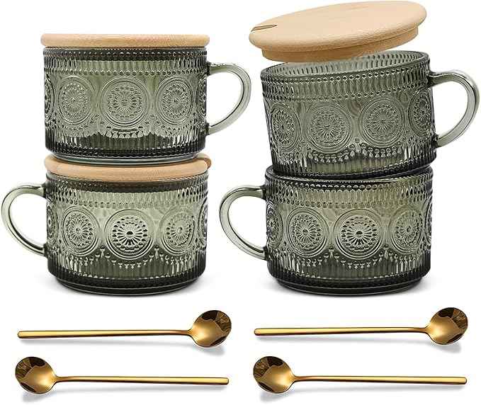 Vintage Coffee Mugs Set of 4 Green, 14 Oz Overnight Oats Containers with Bamboo Lids and Spoons, Glass Breakfast Tea Cups, Cute Coffee Bar Accessories Christmas Gifts