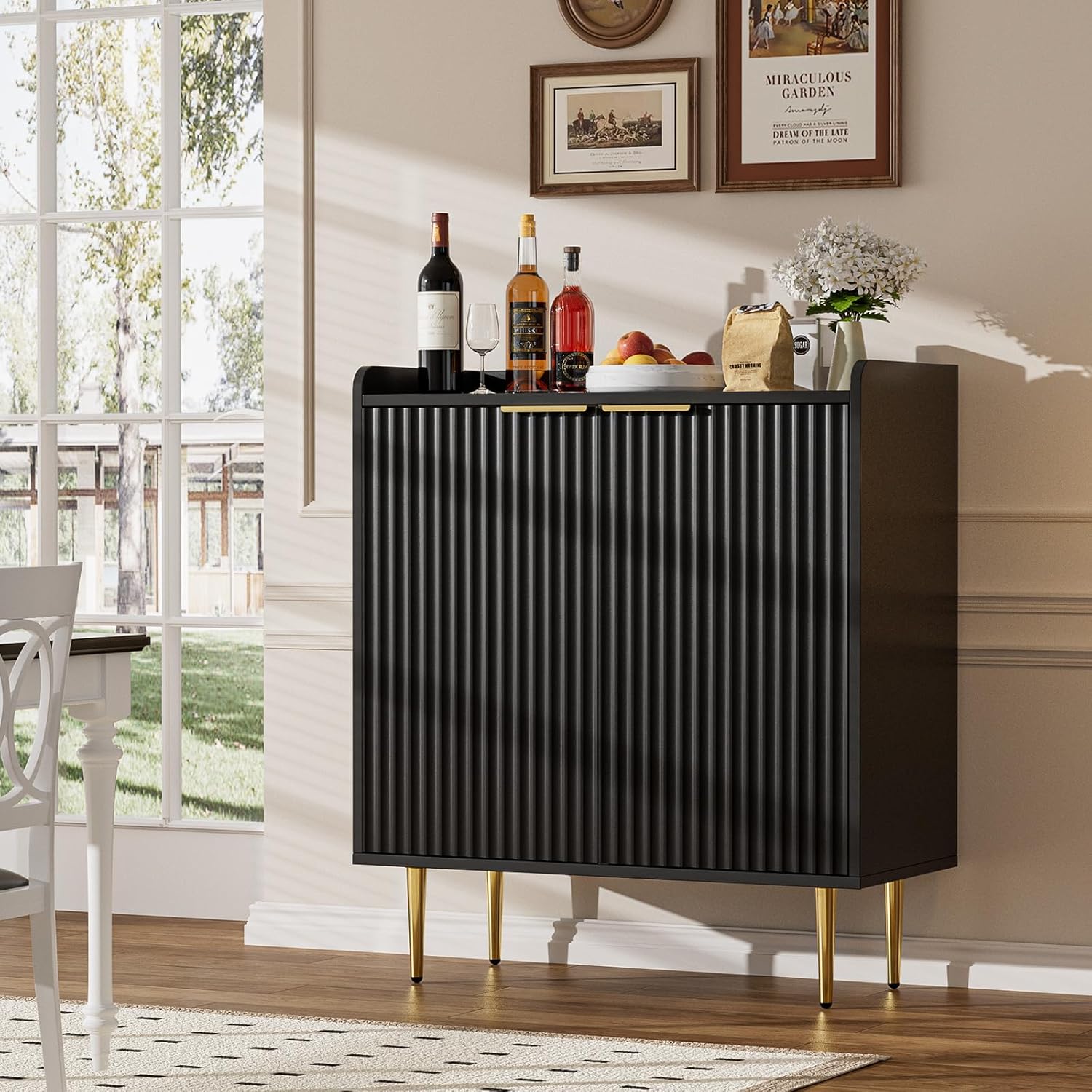 EOYUTLLY Coffee Bar Cabinet with Wine Rack & Glass Holder, Liquor Cabinet with Fluted Doors, Modern Sideboard Buffet Cabinet with Drawer Storage for Living Room Kitchen, Black