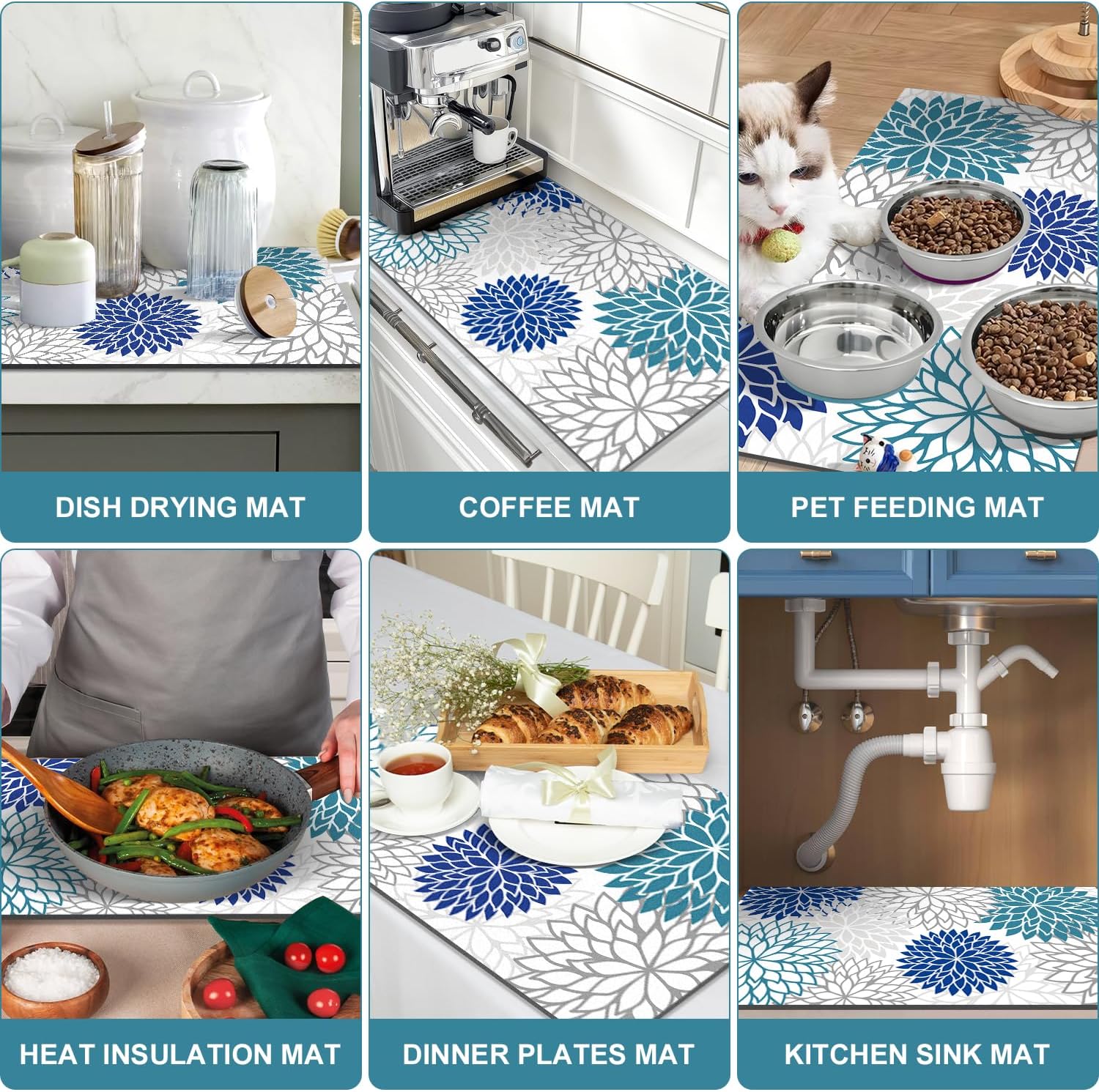 Findosom 2PCS 16" x 24" Dish Drying Mat & 24" x 5.5" Sink Splash Guard, Super Absorbent & Cuttable Dish Mat Drying Kitchen Mat with Blue Floral, Hide Stain Drying Mat for Kitchen Counter
